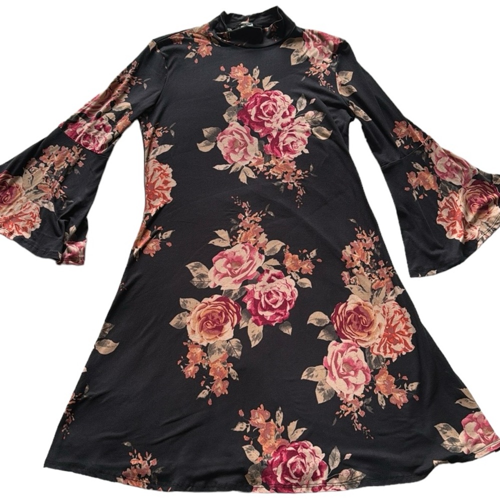 Rebel Sugar Black Floral Fit and Flare Long Bell Sleeve